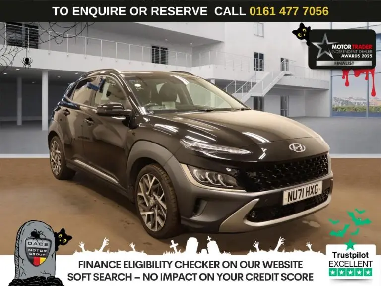 Used 2021 BLACK HYUNDAI KONA SUV 1.6 h-GDi Ultimate SUV 5dr Petrol Hybrid DCT Euro 6 (s/s) (141 ps) PETROL HYBRID (reg. 2021-09-11) (Automatic) for sale in Stockport